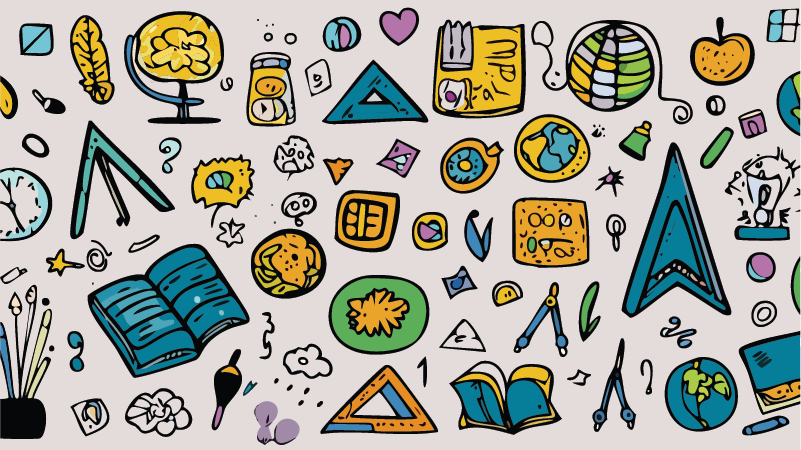 Hand drawn illustrations of numerous school materials