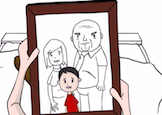 Animated child holding a framed family portrait